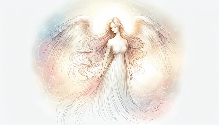 sketch of angel with open wings in a long, flowing dress