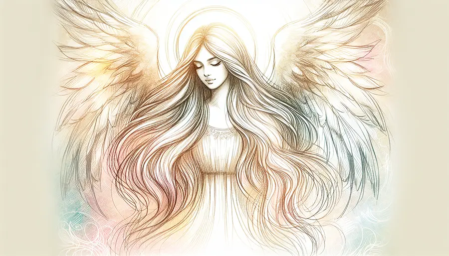sketch of angel with long hair and open wings