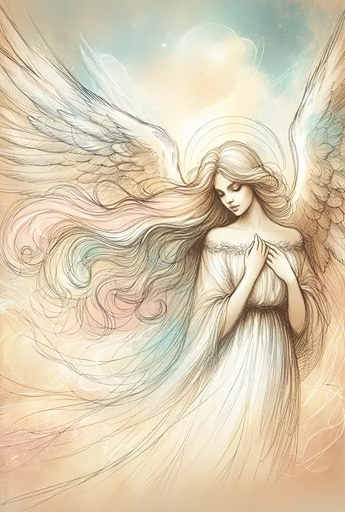 sketch of angel with open wings in a long dress, has a soft look