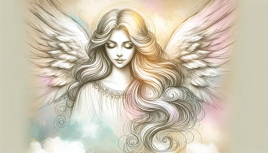 sketch of angel with long hair and open wings looking down