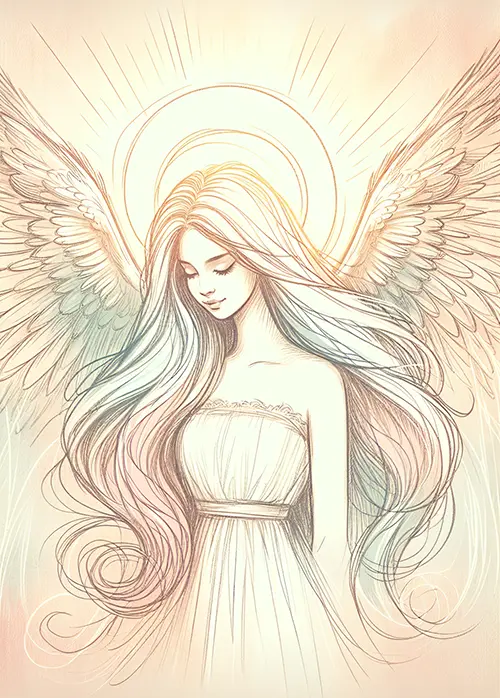 sketch of angel in long dress with sun halo above her head