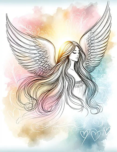 sketch of angel profile with hearts