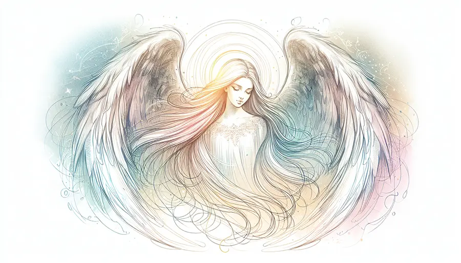 sketch of angel with oversized large wings circling around her