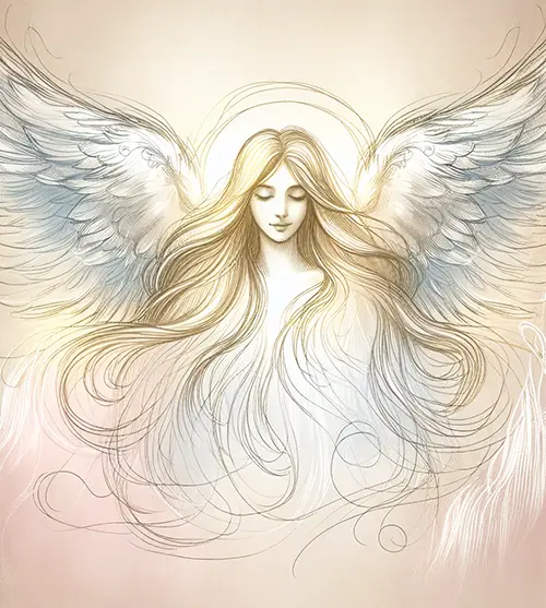 sketch of angel with eyes closed and head down