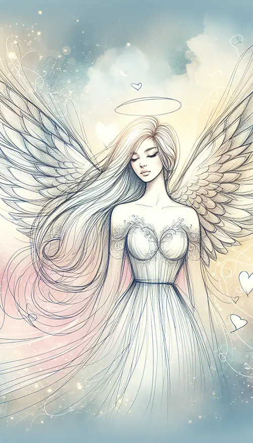 sketch of angel with a halo and hearts all around