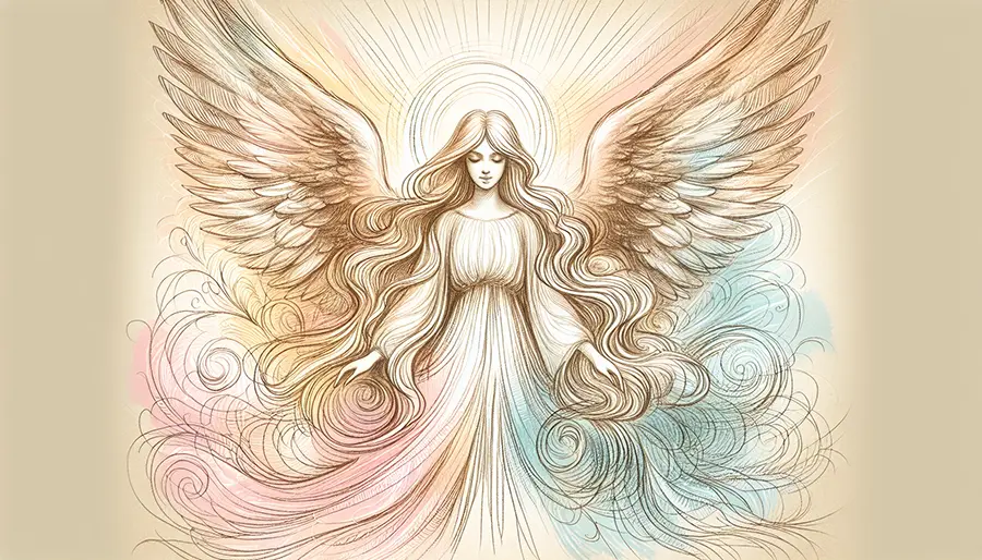 full body sketch of angel with arms out and wings extended