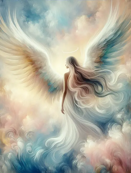 sketch of long haired angel with large open wings; she appears to move away from front