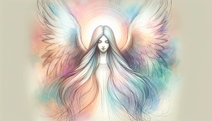 sketch of angel with open wings and long hair