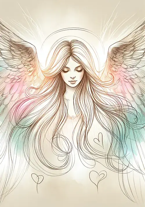 sketch of angel with open wings and long hair