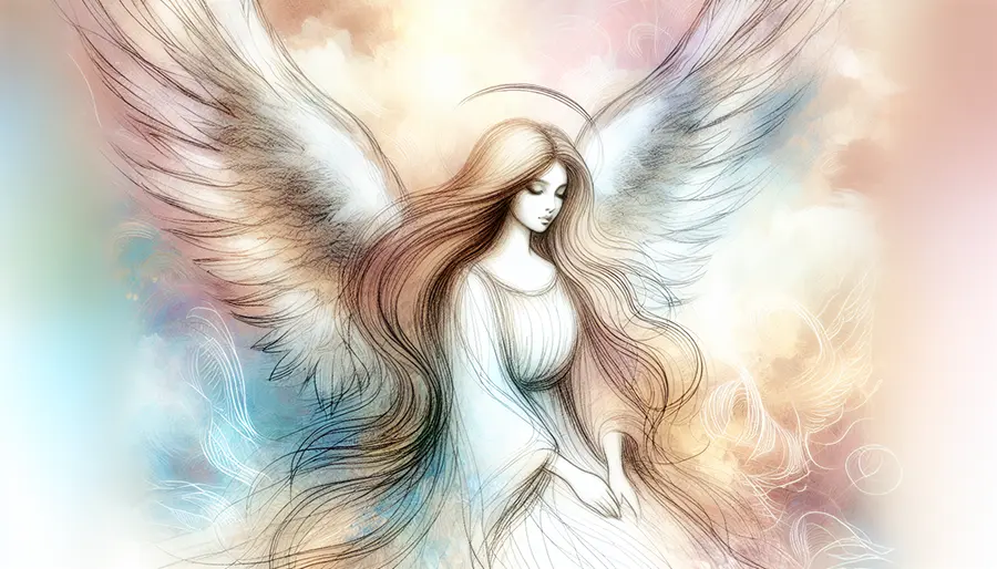 sketch of angel kneeling with hands in her lap