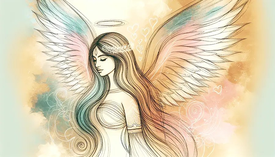 left side profile sketch of angel with hearts in image