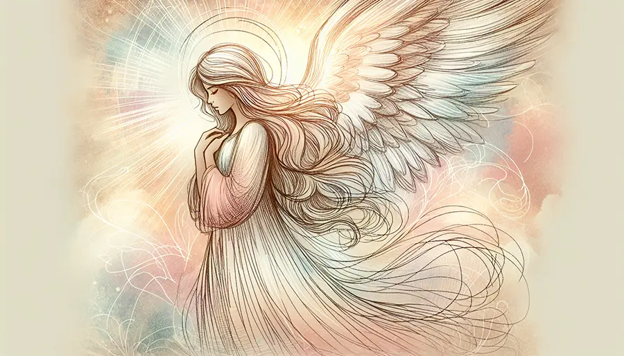 left side profile sketch of angel with hands clasped in front of her chest