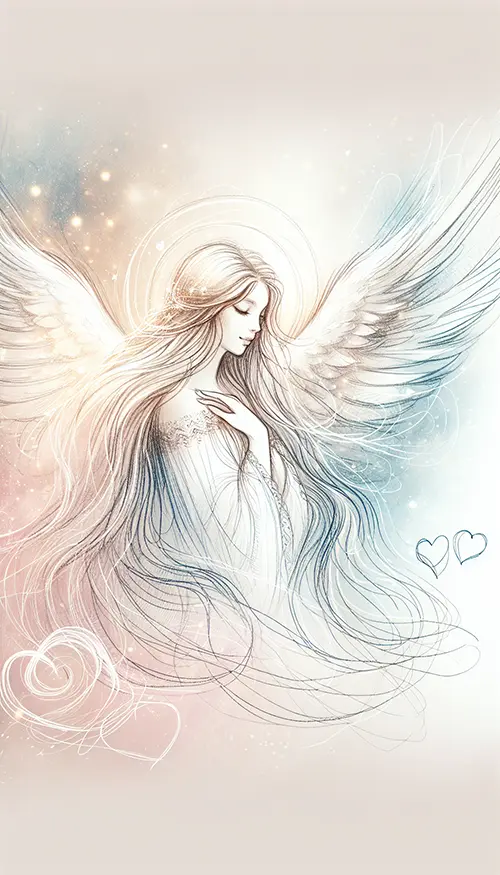 sketch of angel right side profile with hearts in image