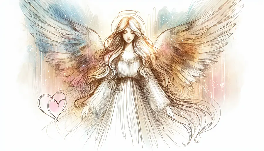 sketch of angel with outstretched arms and floating hearts