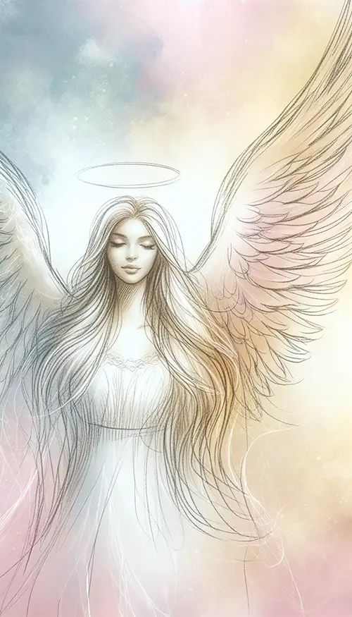 full profile sketch of angel with halo around her head