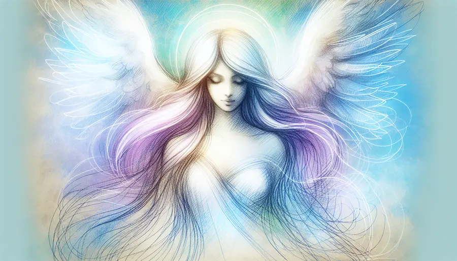 close-up sketch of forward facing angel with large, open wings