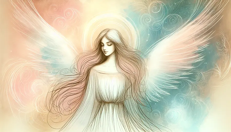 sketch of angel facing forward with serene features