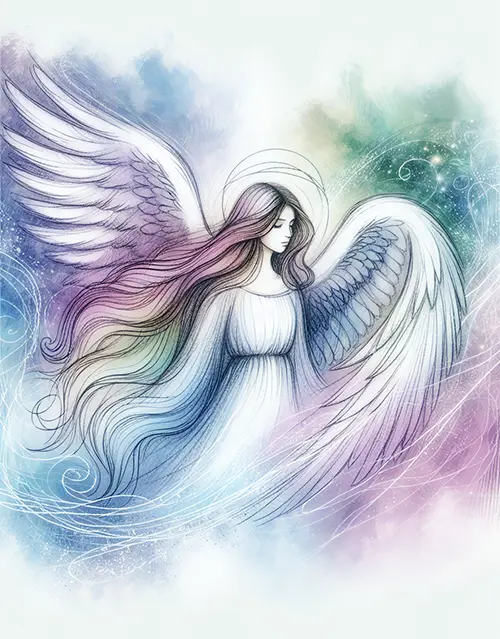 sketch of flowy angel with large open wings 