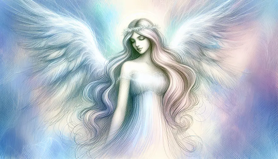 sketch of angel in flowing dress and open wings