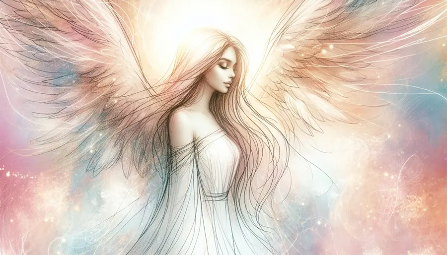 profile sketch of angel with open wings and flowing dress profile sketch of angel with open wings and flowing dress