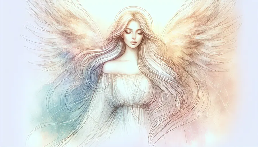 sketch of a long-haired angel with open wings and closed eyes
