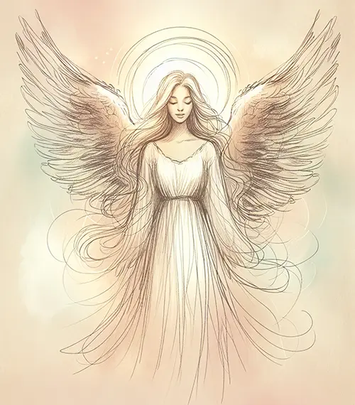 full body sketch of angel facing forward with open wings