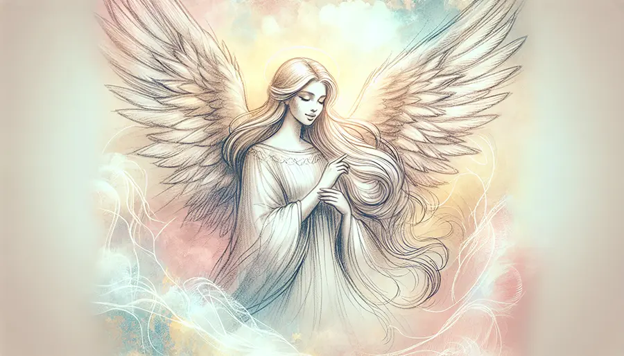 sketch of an angel with open wings and a background of pink, yellow, and blue